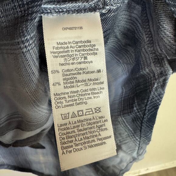 Madewell Easy Y-Neck Button-Up Shirt SZ 2XS Deep Indigo White Plaid Long Sleeve - Picture 7 of 7